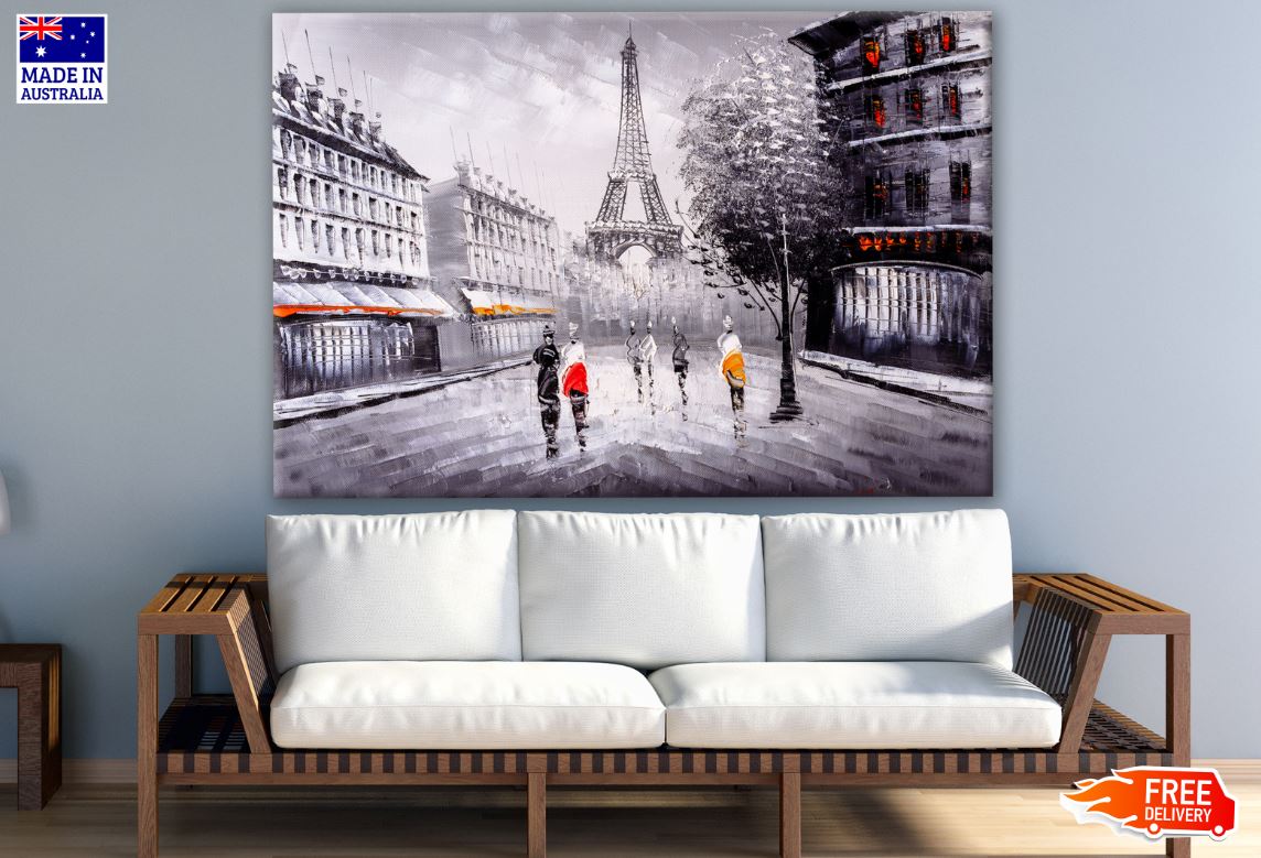 Eiffel Tower & Street View B&W Painting Print 100% Australian Made