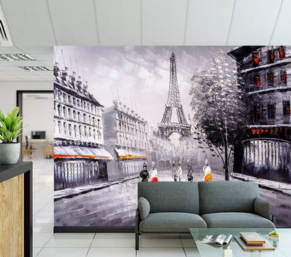 Wallpaper Murals Peel and Stick Removable Paris City with Eiffel Tower B&W Painting High Quality