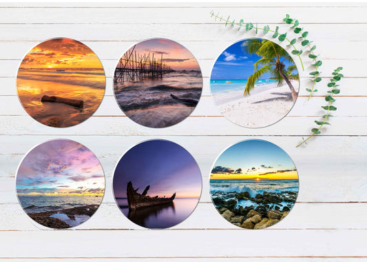 Palm Tree Sunset Cloudy Sky Seashore Coasters Wood & Rubber - Set of 6 Coasters