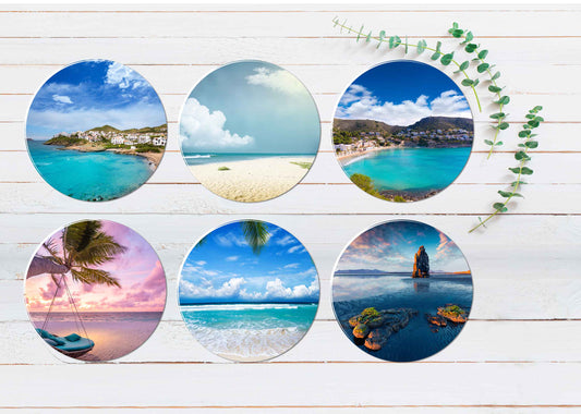 Cloudy Blue Sky Stunning Beach View Coasters Wood & Rubber - Set of 6 Coasters