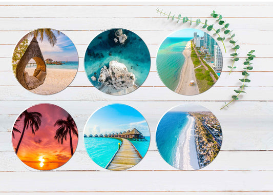 Hammmock Seashore Palms Beach Hut Coasters Wood & Rubber - Set of 6 Coasters