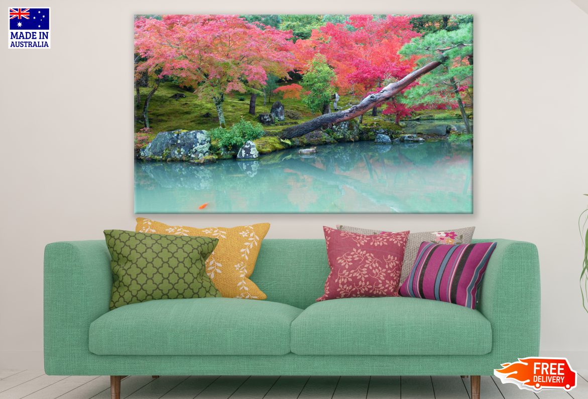 Red Leaves Tree Near a Lake Print 100% Australian Made