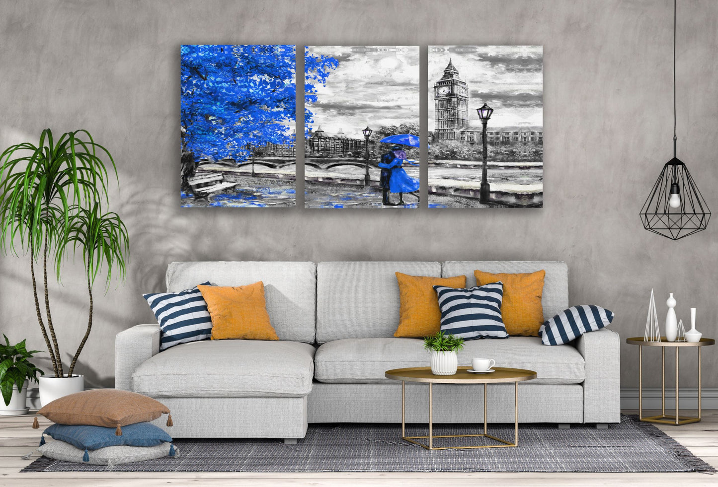 3 Set of Couple in London City Blue, B&W Painting High Quality Print 100% Australian Made Wall Canvas Ready to Hang