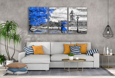 3 Set of Couple in London City Blue, B&W Painting High Quality Print 100% Australian Made Wall Canvas Ready to Hang