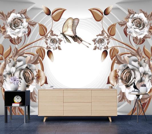 Wallpaper Murals Peel and Stick Removable Brown & White Floral Design High Quality