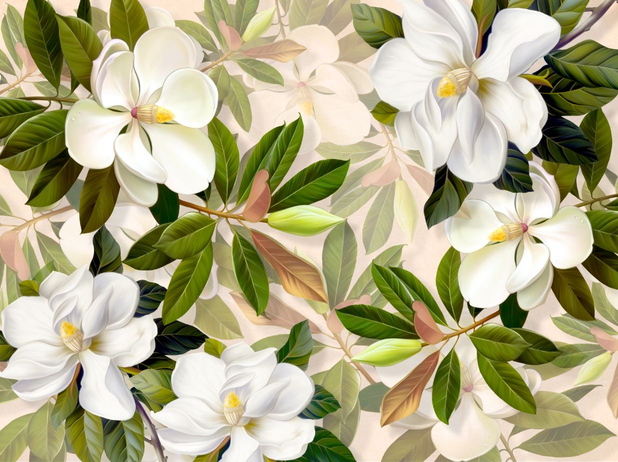 White Flowers & Leaves Painting Print 100% Australian Made