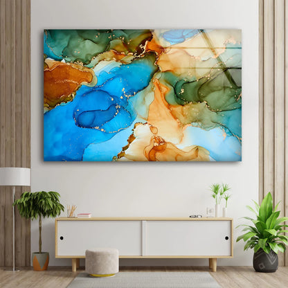 Blue Brown Green & Gold Abstract Design Acrylic Glass Print Tempered Glass Wall Art 100% Made in Australia Ready to Hang