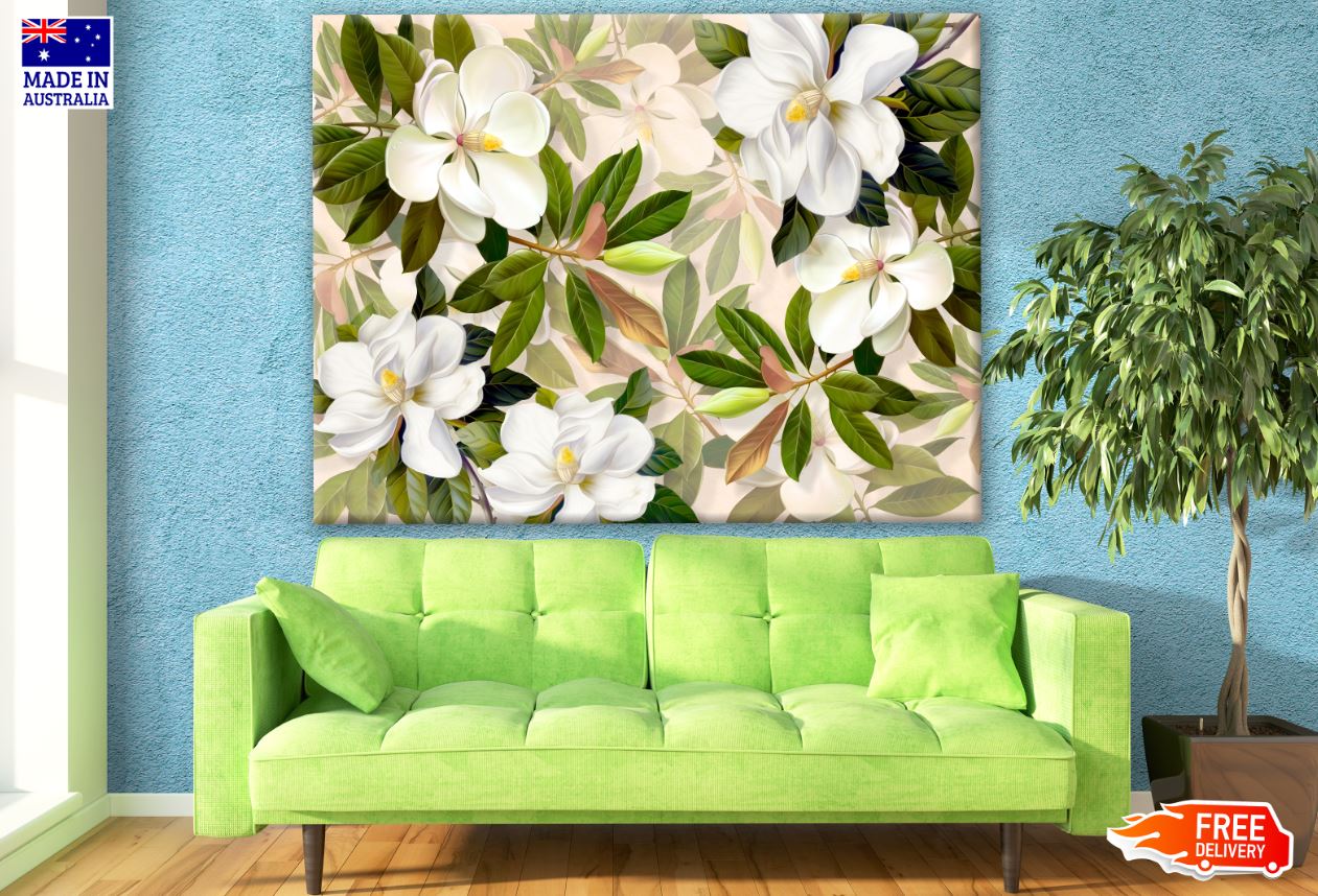 White Flowers & Leaves Painting Print 100% Australian Made