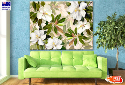 White Flowers & Leaves Painting Print 100% Australian Made