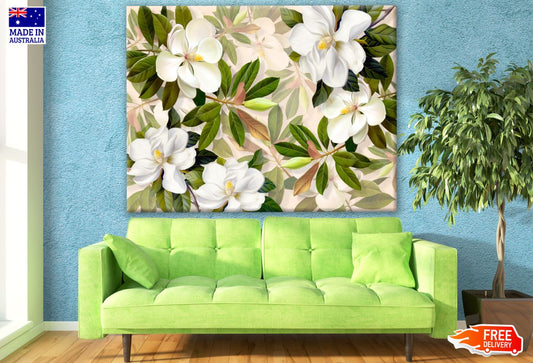 White Flowers & Leaves Painting Print 100% Australian Made