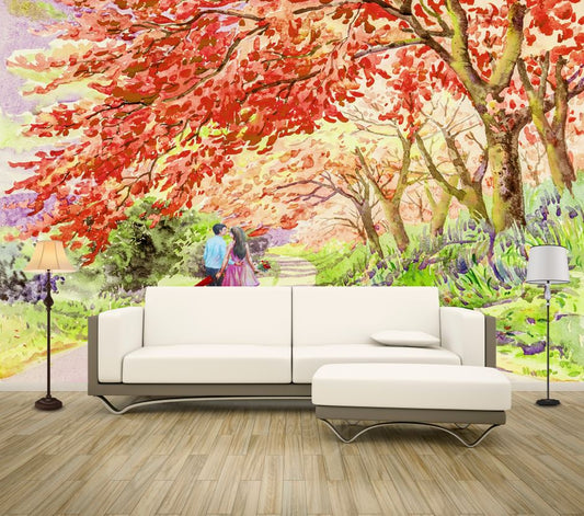 Wallpaper Murals Peel and Stick Removable Couple Walking Along a Tree Road Painting High Quality