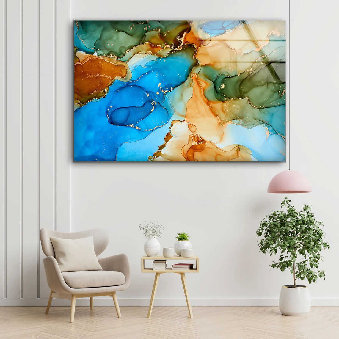 Blue Brown Green & Gold Abstract Design Acrylic Glass Print Tempered Glass Wall Art 100% Made in Australia Ready to Hang