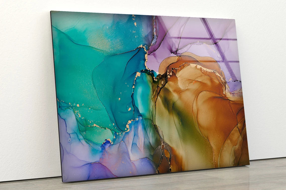 Green Purple Brown & Gold Abstract Design Acrylic Glass Print Tempered Glass Wall Art 100% Made in Australia Ready to Hang