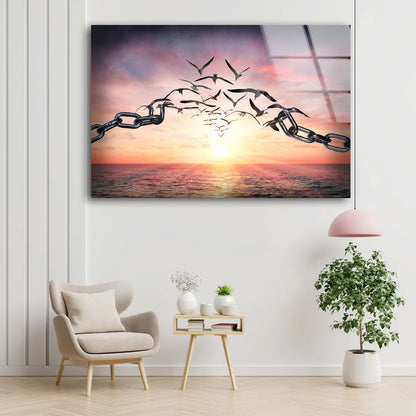 Birds with Chain Sunset Acrylic Glass Print Tempered Glass Wall Art 100% Made in Australia Ready to Hang