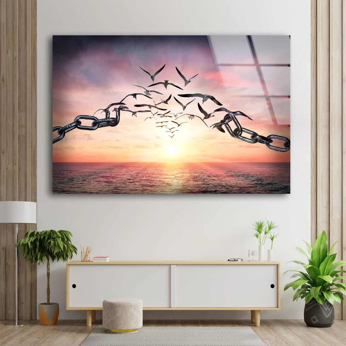 Birds with Chain Sunset Acrylic Glass Print Tempered Glass Wall Art 100% Made in Australia Ready to Hang