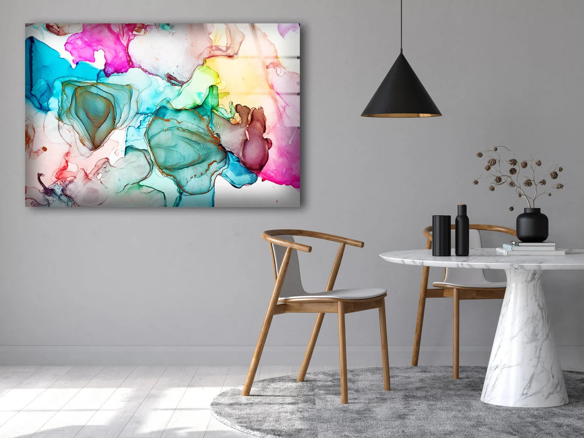 Blue Pink Yellow Colorful Abstract Alcohol Design Acrylic Glass Print Tempered Glass Wall Art 100% Made in Australia Ready to Hang