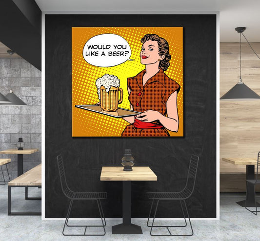 Square Canvas Woman Holding Beer Glass on a Tray High Quality Print 100% Australian Made