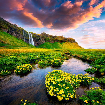 Square Canvas Colorful Sunrise With Waterfall in Iceland High Quality Print 100% Australian Made