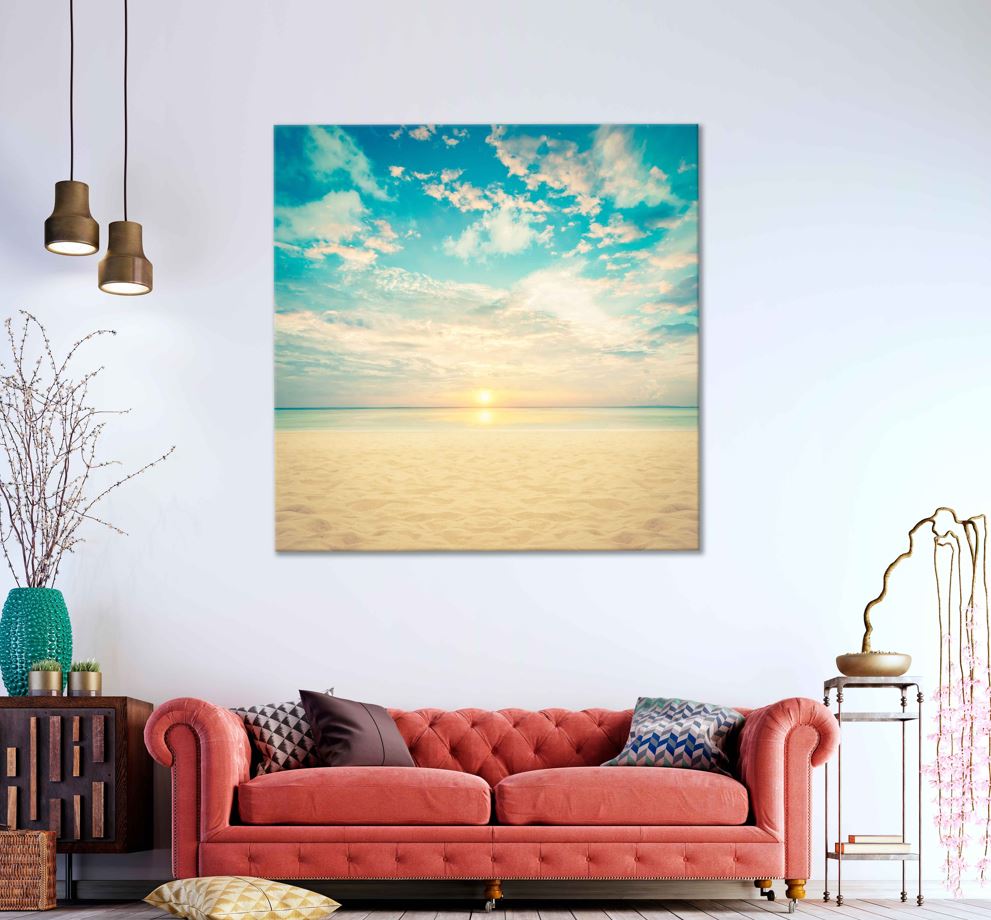 Square Canvas Sandy Beach with Sunrise View Photograph High Quality Print 100% Australian Made