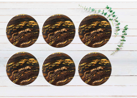 Gold & Brown Abstract Coasters Wood & Rubber - Set of 6 Coasters