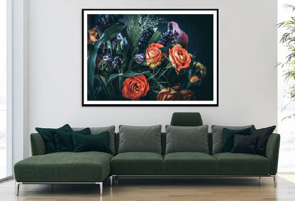 Orange Roses Purple Flowers View Photograph Home Decor Premium Quality Poster Print Choose Your Sizes