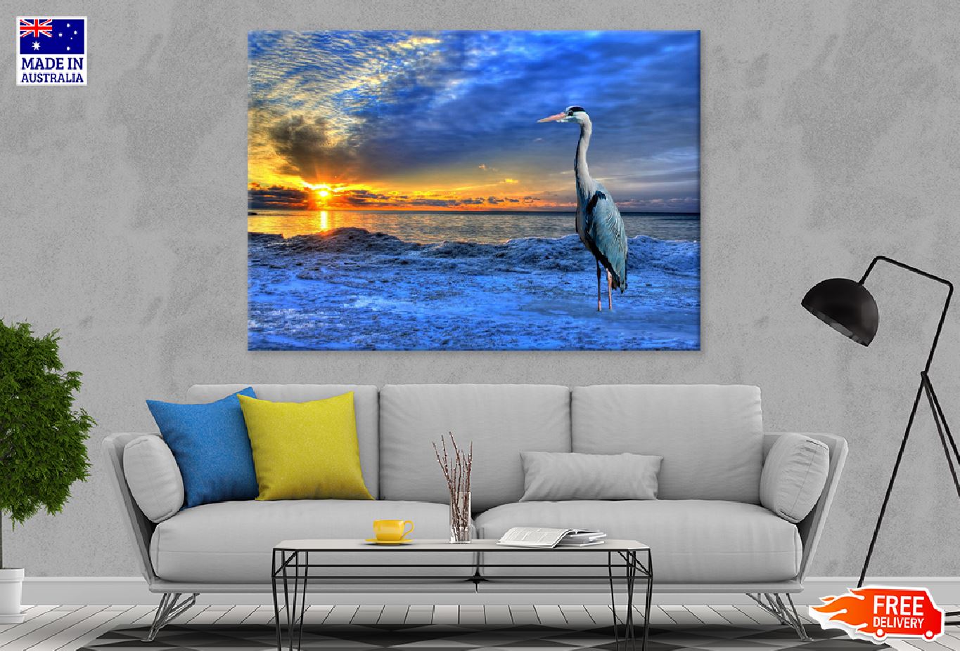 Heron on Sunset Blue Sea View Photograph Print 100% Australian Made