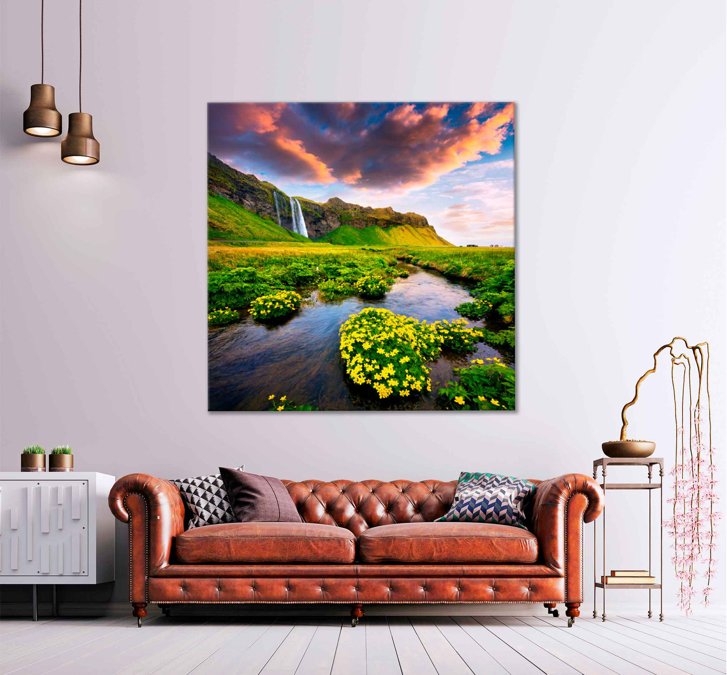 Square Canvas Colorful Sunrise With Waterfall in Iceland High Quality Print 100% Australian Made