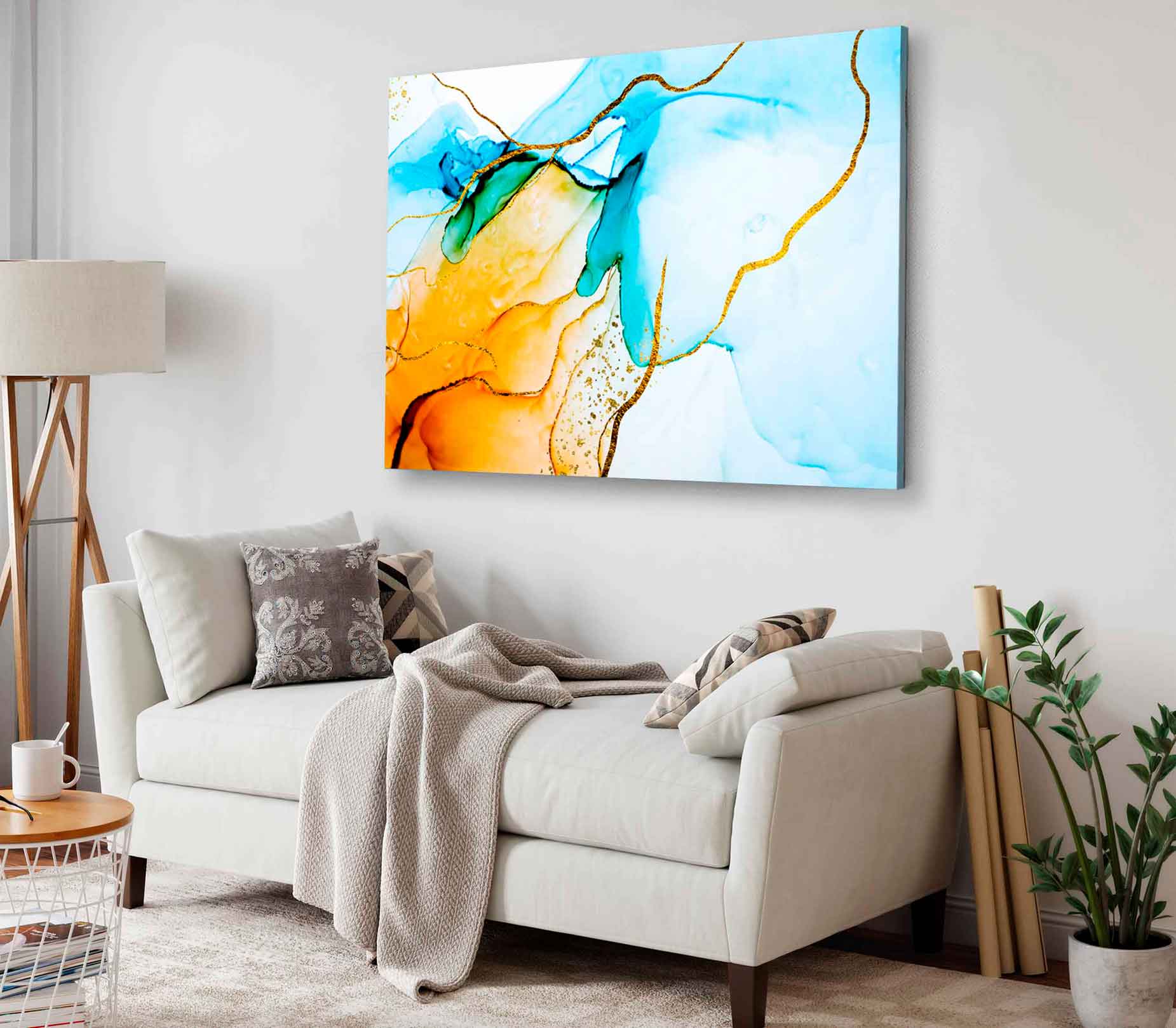 Bella Home Blue & Gold Colorful Abstract Print Canvas Ready to hang