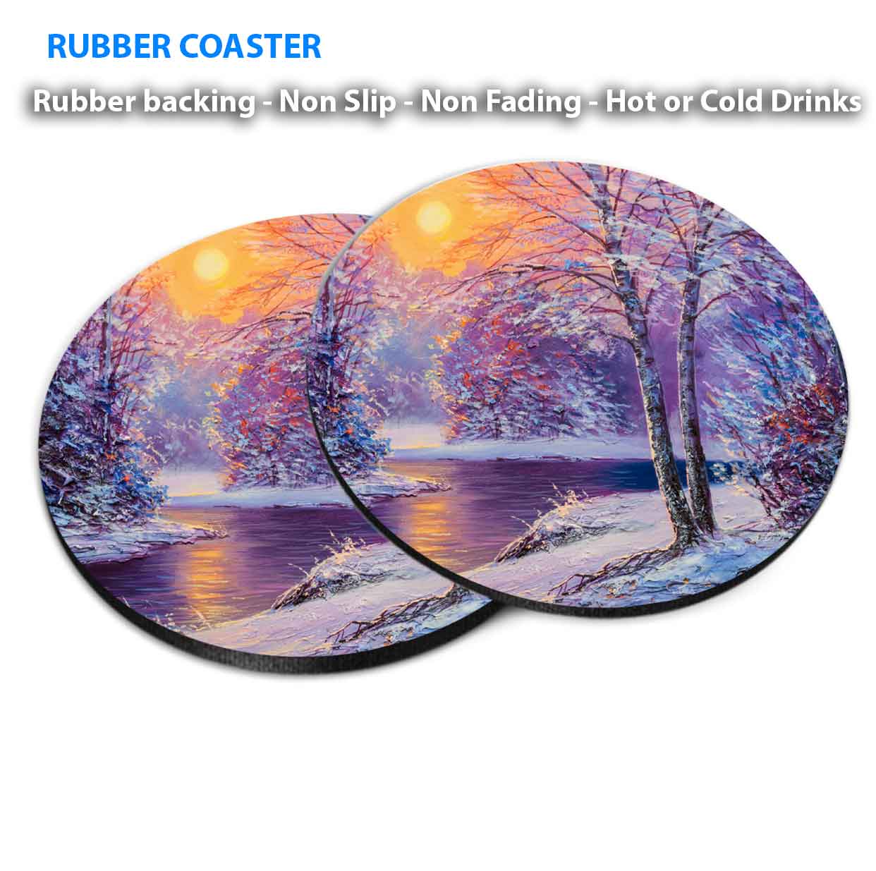 Winter River With Sunset Coasters Wood & Rubber - Set of 6 Coasters