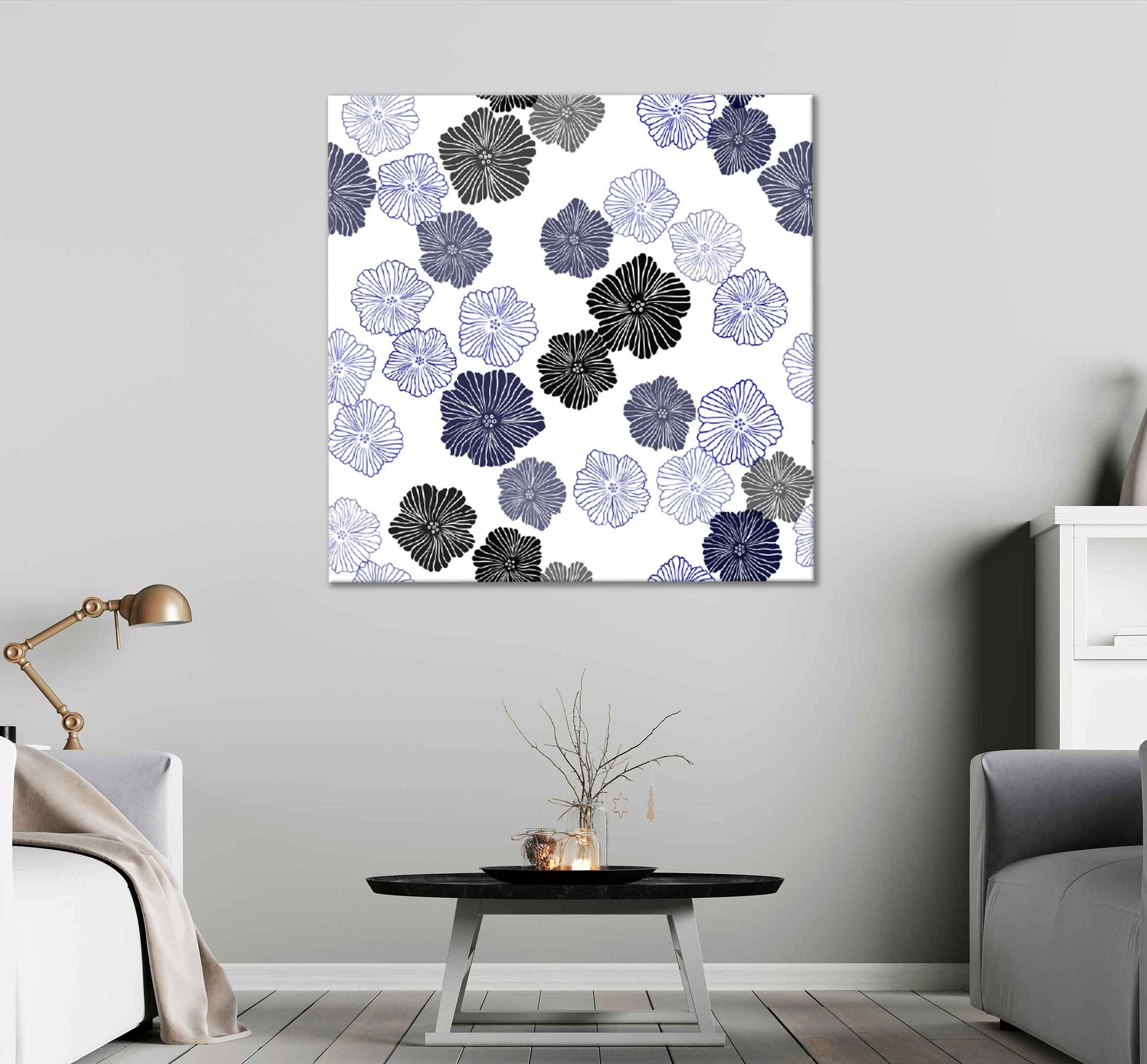 Square Canvas Blue Flowers Vector Design High Quality Print 100% Australian Made