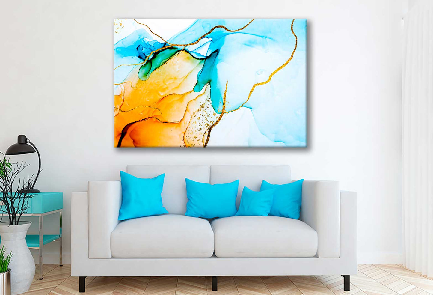 Bella Home Blue & Gold Colorful Abstract Print Canvas Ready to hang