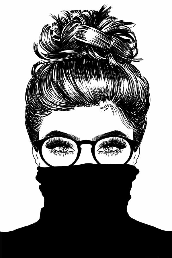 Face Covered Girl with Bun Hair B&W Illustration Print 100% Australian Made