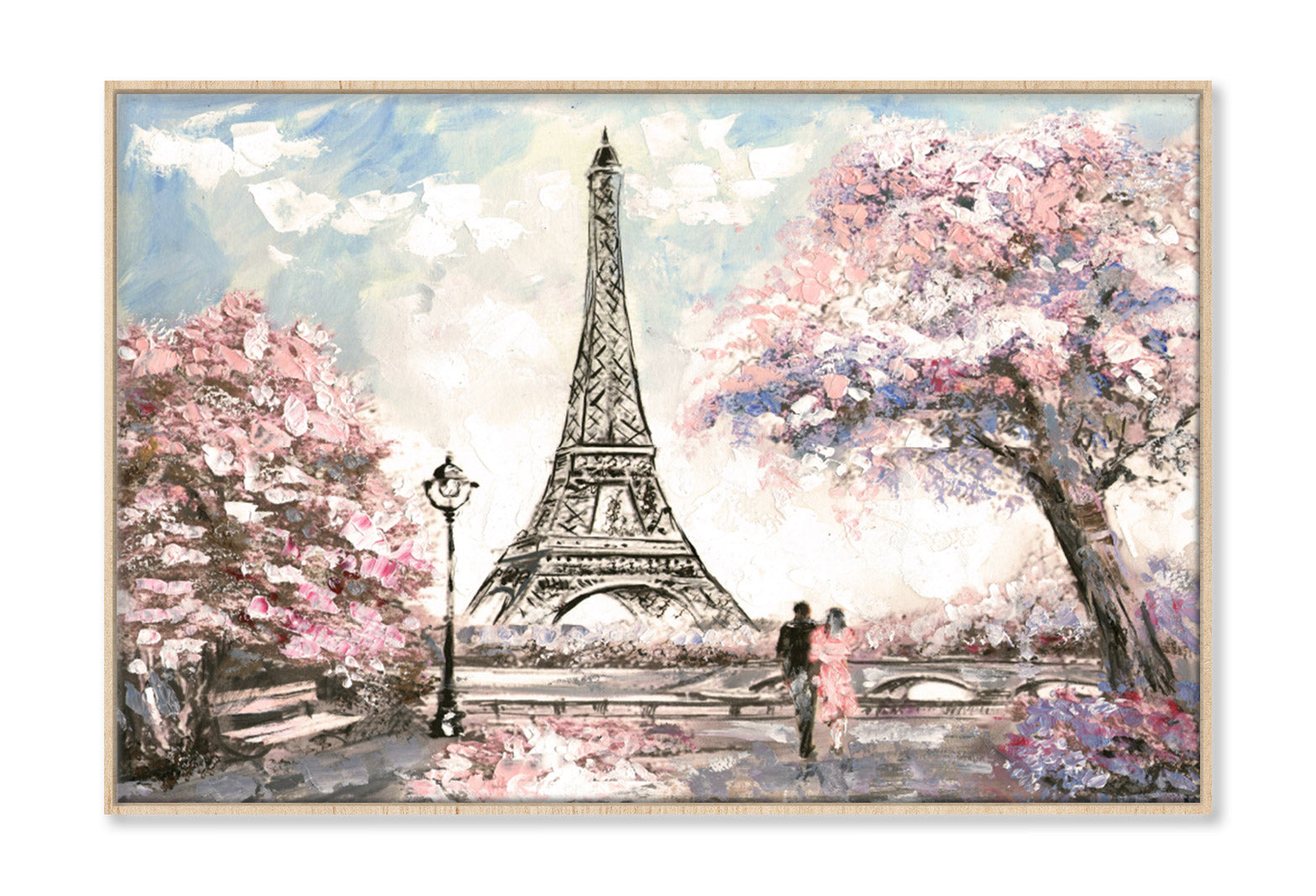 Couple near Eiffle Tower Pink Blossom Trees Painting Wall Art Limited Edition High Quality Print Canvas Box Framed Natural