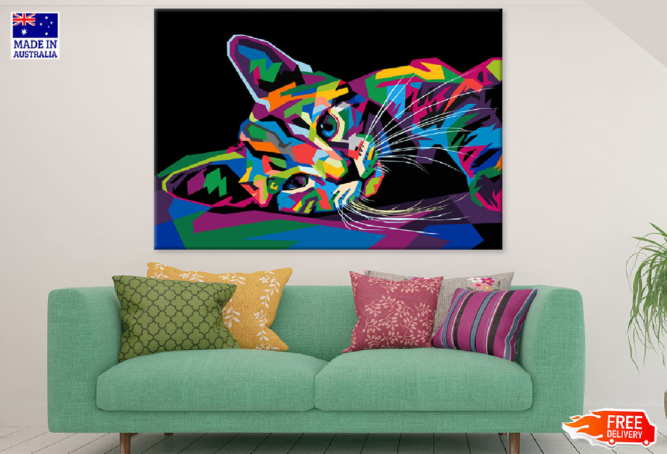 Colorful Cat Sleeping Abstract Design Print 100% Australian Made