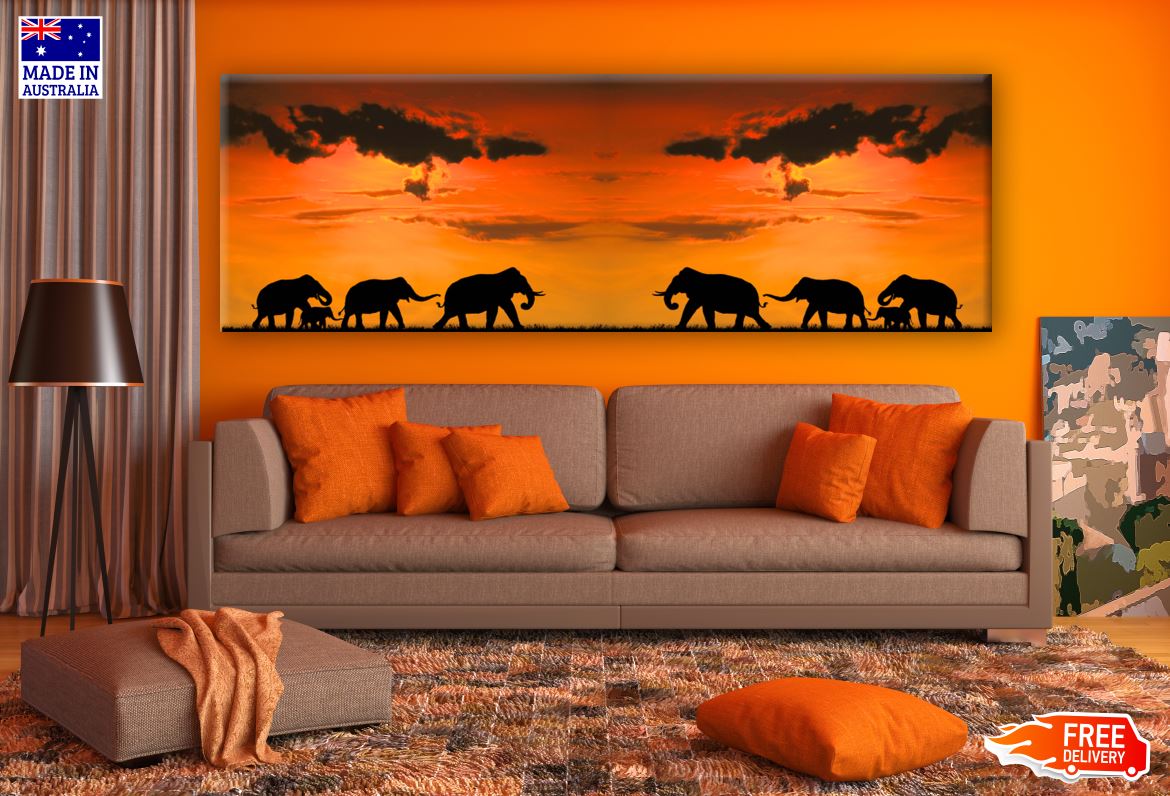 Panoramic Canvas Elephants Walking in Sunset High Quality 100% Australian made wall Canvas Print ready to hang