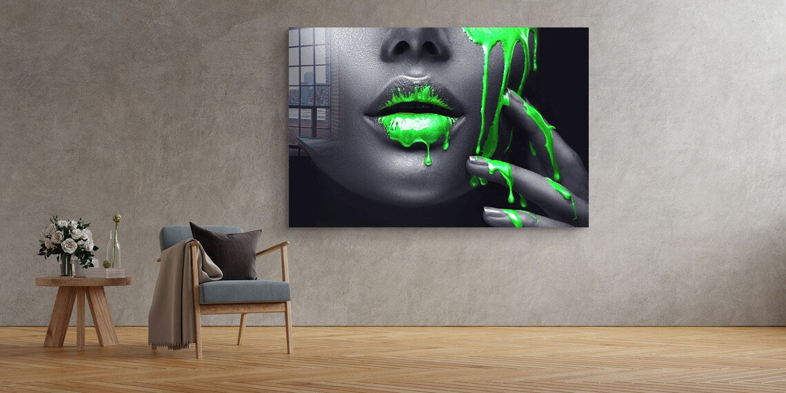 Makeup Girl Green Lips Print Tempered Glass Wall Art 100% Made in Australia Ready to Hang