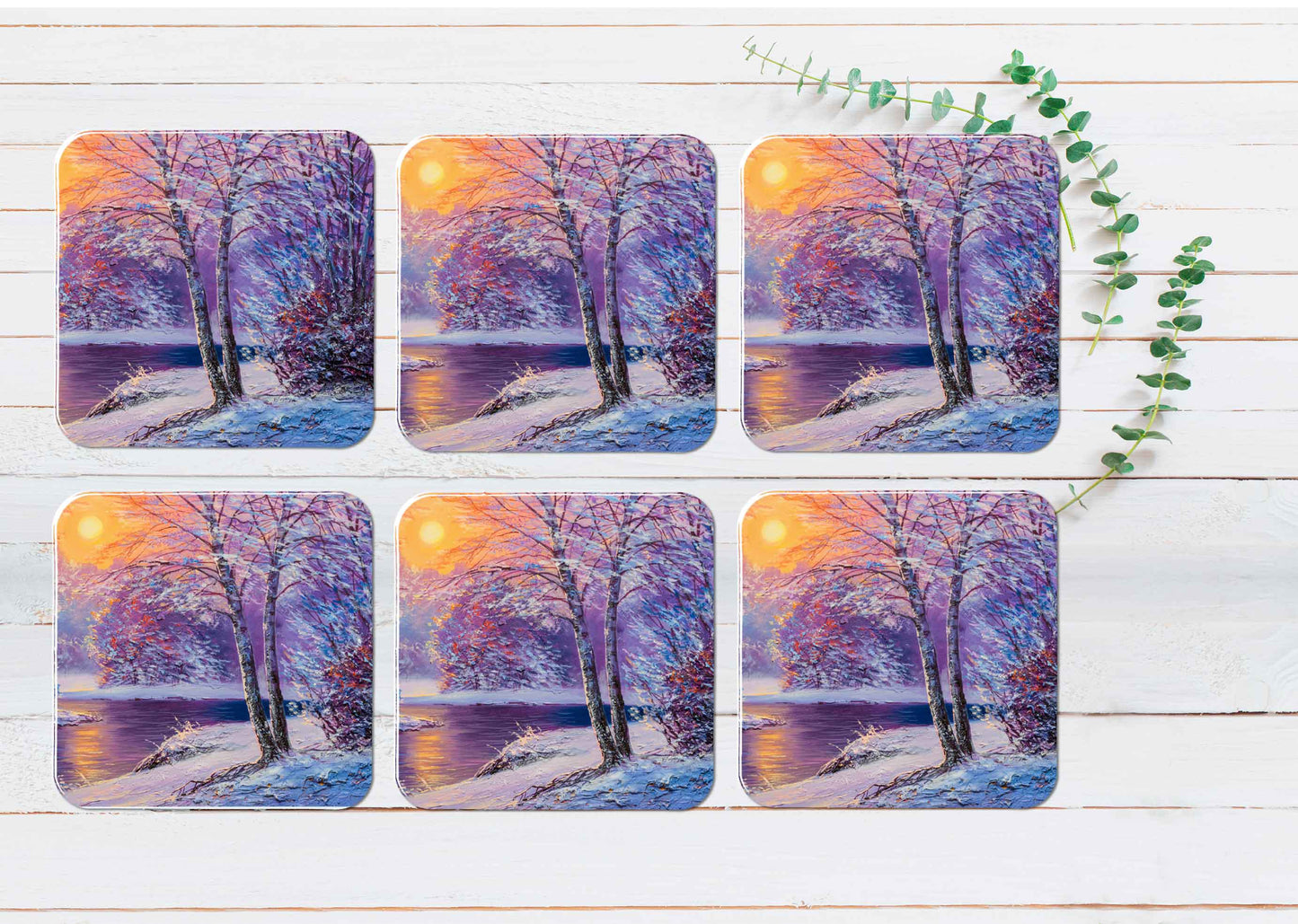 Winter River With Sunset Coasters Wood & Rubber - Set of 6 Coasters