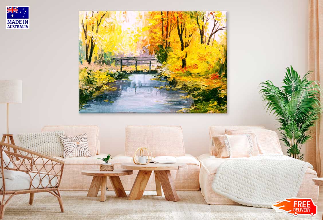 Autumn Trees & Bridge Oil Painting Print 100% Australian Made