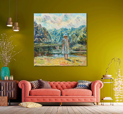 Square Canvas Little Girl near Lake Oil Painting High Quality Print 100% Australian Made