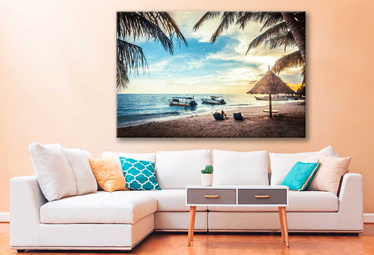 Bella Home Boats on Beach With Palm Leaves Print Canvas Ready to hang