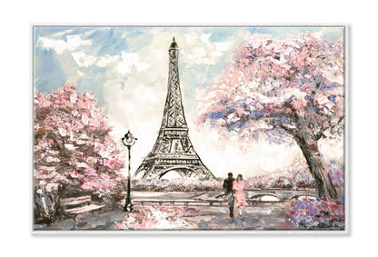 Couple near Eiffle Tower Pink Blossom Trees Painting Wall Art Limited Edition High Quality Print Canvas Box Framed White