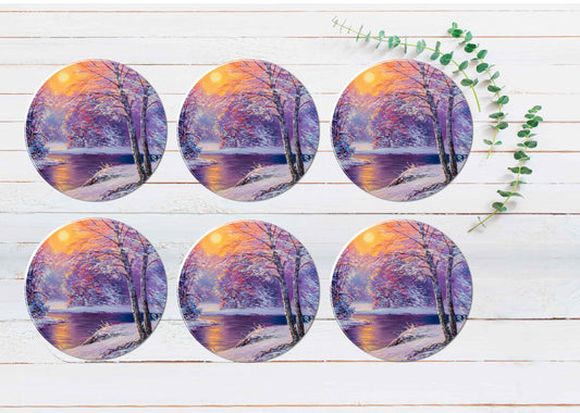 Winter River With Sunset Coasters Wood & Rubber - Set of 6 Coasters