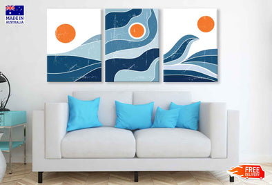 3 Set of Sea Sun Waves Vector Illustration High Quality Print 100% Australian Made Wall Canvas Ready to Hang