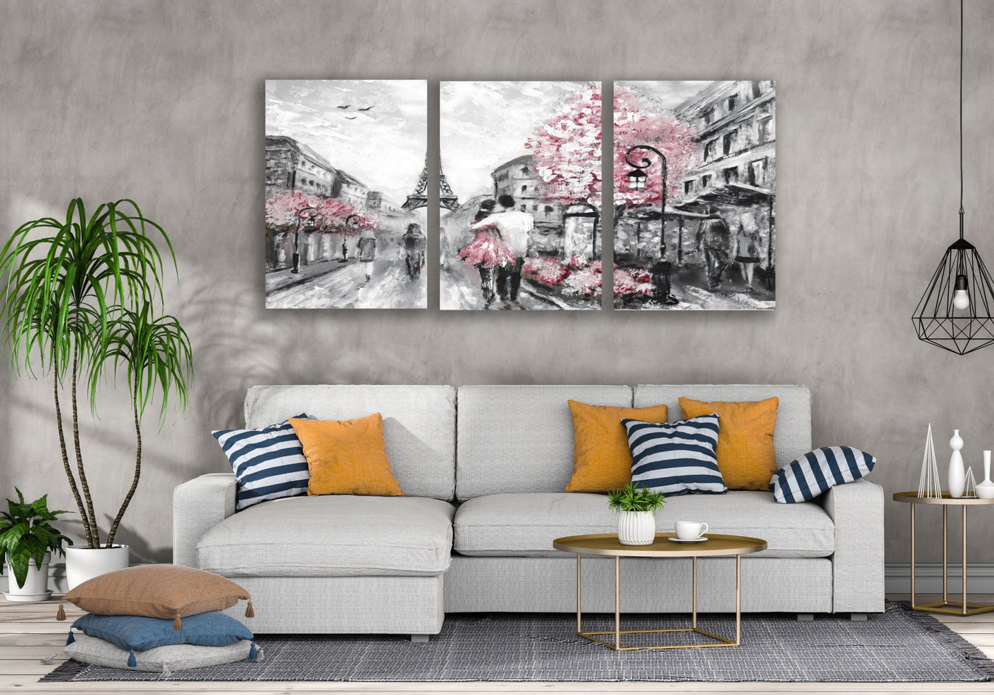 3 Set of Pink B&W Painting of Couple Walking in Street near Eiffel Tower High Quality Print 100% Australian Made Wall Canvas Ready to Hang