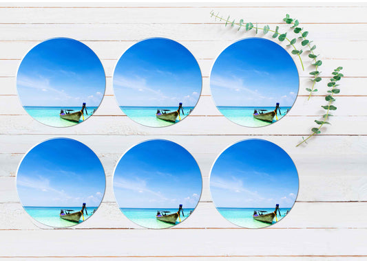Fishing Boats on Blue Sea & Sky View Coasters Wood & Rubber - Set of 6 Coasters