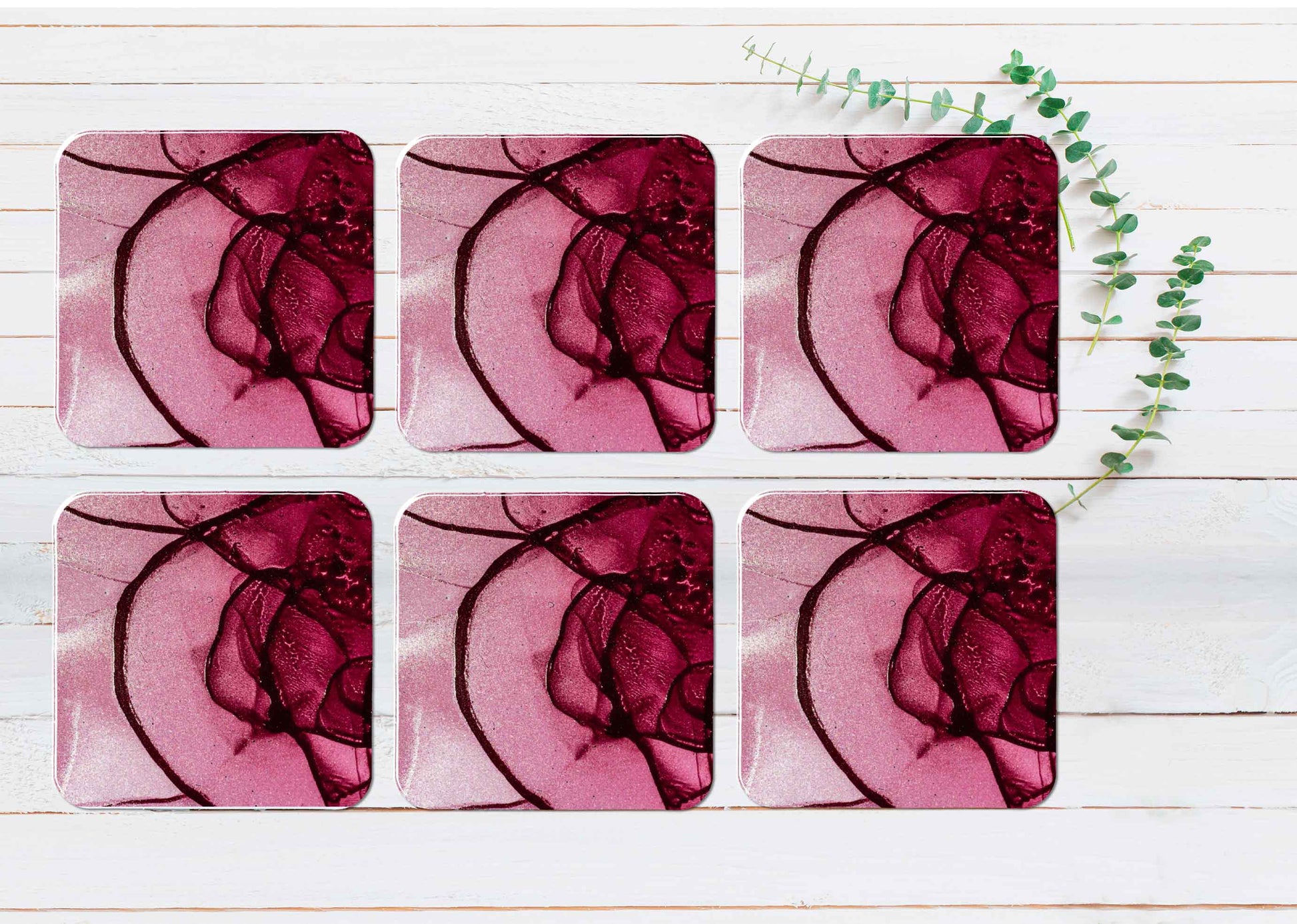 Black Lines & Pink Abstract Design Coasters Wood & Rubber - Set of 6 Coasters