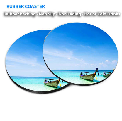 Fishing Boats on Blue Sea & Sky View Coasters Wood & Rubber - Set of 6 Coasters