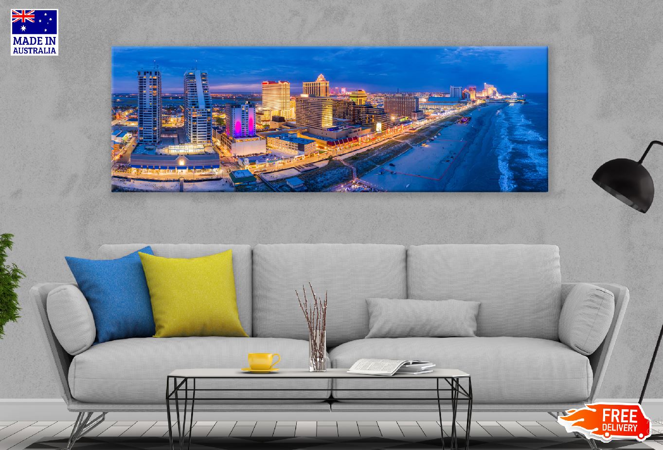 Panoramic Canvas Atlantic City Night Photograph High Quality 100% Australian Made Wall Canvas Print Ready to Hang