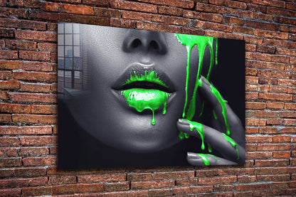 Makeup Girl Green Lips Print Tempered Glass Wall Art 100% Made in Australia Ready to Hang