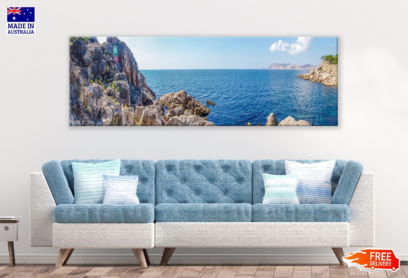Panoramic Canvas Rocky Mountains Near Sea View Photograph High Quality 100% Australian Made Wall Canvas Print Ready to Hang